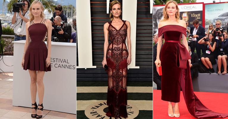 Diane Kruger investe em vestidos de festa burgundy; saiba como combinar