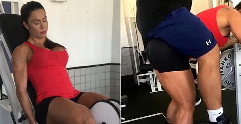 Gracyanne Barbosa treina com personal montado em suas costas