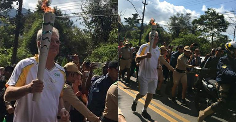 Pedro Bial carrega a tocha olímpica e esposa se derrete: ‘Meu Zeus’