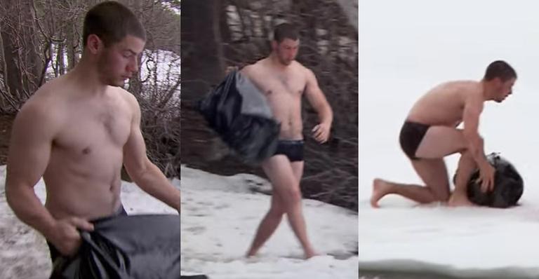 De cueca, Nick Jonas atravessa rio congelado
