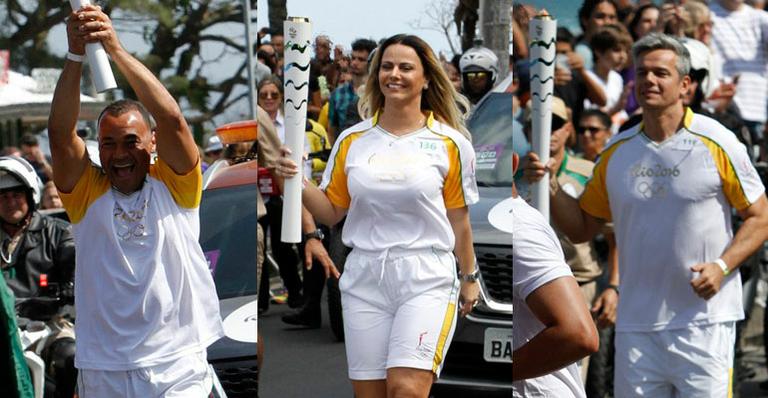 Cafu, Viviane Araújo e Otaviano Costa carregam a tocha olímpica