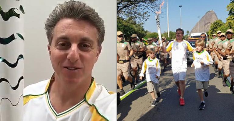 Luciano Huck carrega a Tocha Olímpica com os filhos, Benício e Joaquim
