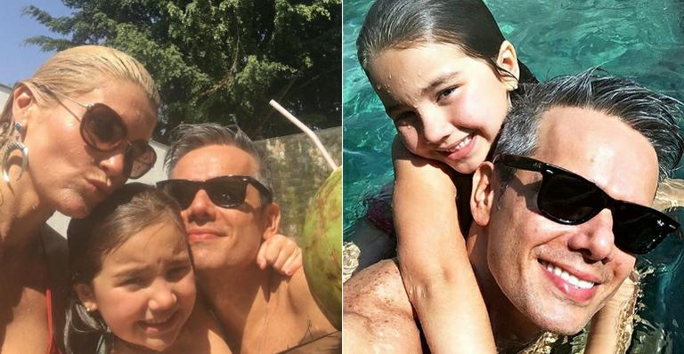 Otaviano Costa e Flávia Alessandra se divertem com Olívia na piscina de luxuosa mansão