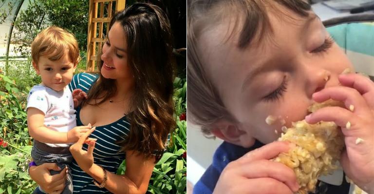 Fernanda Machado mostra o filho, Lucca, se lambuzando com espiga de milho