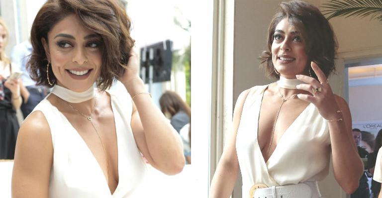 Com decote generoso, Juliana Paes chama a atenção em evento na capital paulista