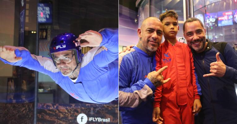 Henrique Fogaça e o filho, João, voam em simulador de paraquedismo