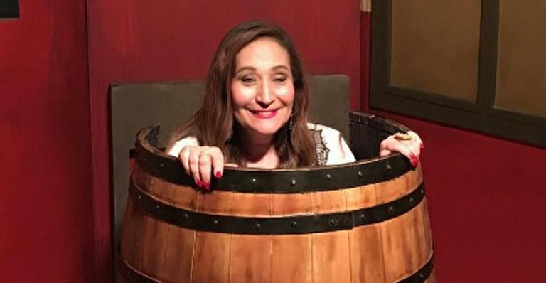 Sonia Abrão se diverte dentro de barril do Chaves em exposição