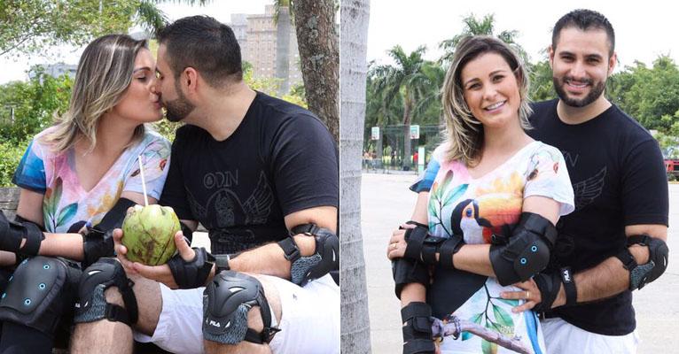Andressa Urach e o marido, Tiago Costa, trocam beijos em passeio de patins