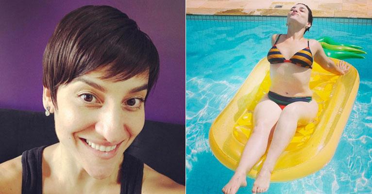 Após perder 42 kg, Simone Gutierrez posa de biquíni na piscina e impressiona pela boa forma