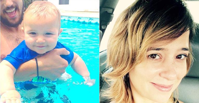 Paloma Duarte mostra o filho Antonio, de 9 meses, nadando na piscina com o pai, Bruno Ferrari