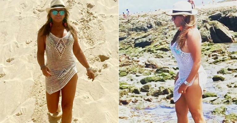 De férias, Christina Rocha esbanja boa forma em fotos na praia