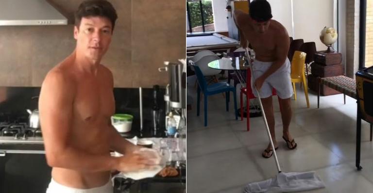 Sozinho em casa, Rodrigo Faro ‘se acaba’ na faxina: “Eu adoro”