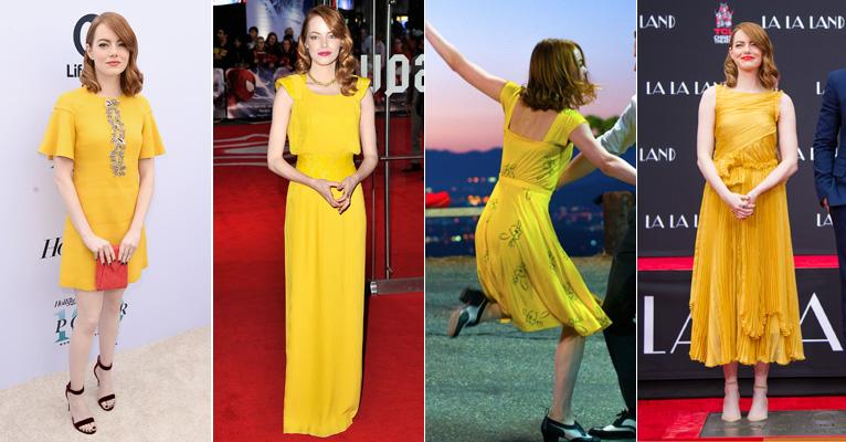 Emma Stone investe em vestidos amarelos, que realçam a pele muito branca da atriz