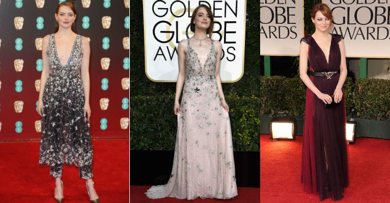 Com os seios pequenos, Emma Stone investe em decotes que valorizam suas curvas