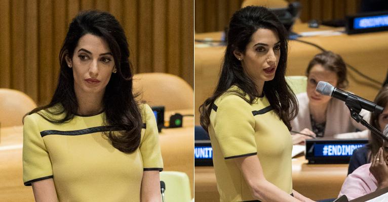 Grávida de gêmeos, Amal Clooney exibe barriguinha em discurso na ONU