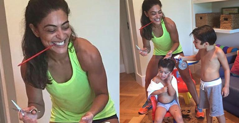Juliana Paes se diverte ao cortar o cabelo do filho