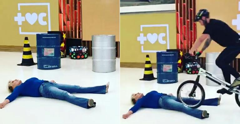 Ana Maria Braga se joga no chão e vira obstáculo para bicicleta no ‘Mais Você’