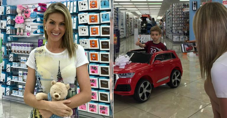 Ana Hickmann se diverte com o filho, Alexandre, em loja infantil em Orlando