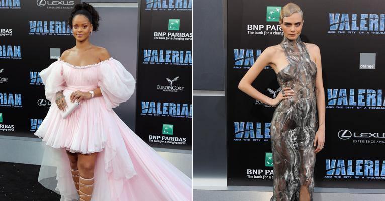 Rihanna e Cara Delevingne investem em looks ousados na pré-estreia de ‘Valerian’
