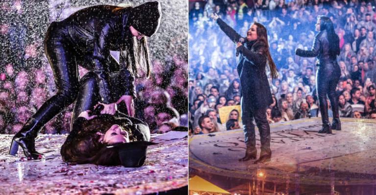 Ops! Maiara escorrega e cai no palco em show com Maraisa