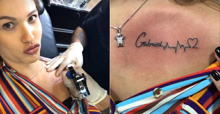 Andressa Suita tatua o nome do filho em seu peito