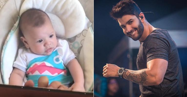 Gusttavo Lima toca violão para o filho, que ouve concentrado com apenas 3 meses de vida