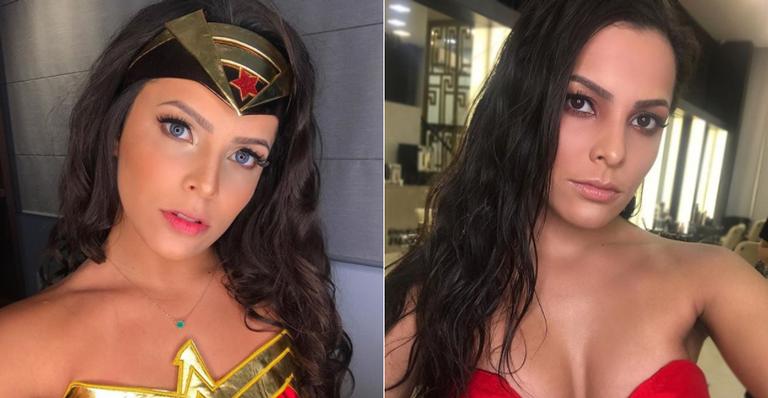 Emilly Araújo surge irreconhecível com lente de contato e fantasia de Mulher Maravilha