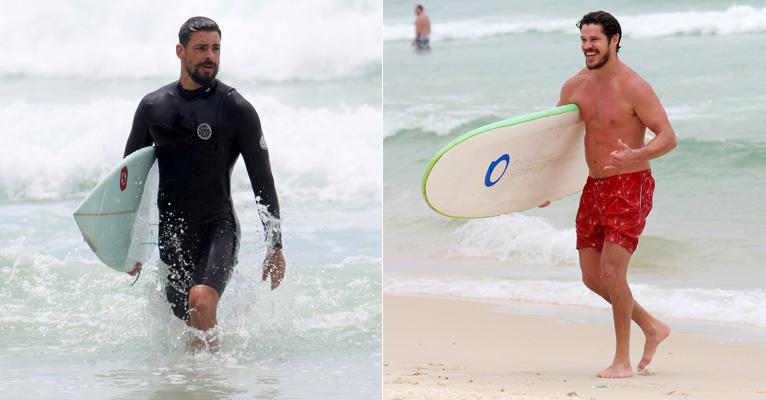 Cauã Reymond e José Loreto exibem boa forma e talento com as ondas em dia de surfe no Rio