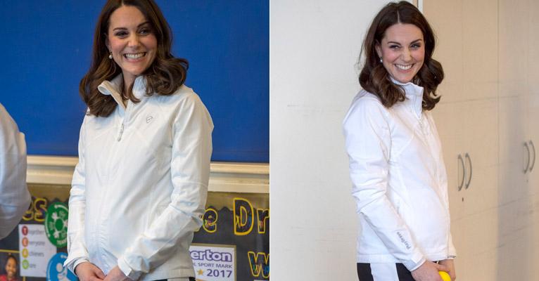 Barriga de 6 meses de gestação de Kate Middleton fica evidente em look esportivo da duquesa