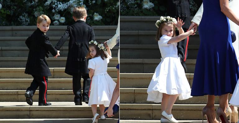 Príncipe George e princesa Charlotte encantam como pajem e dama de honra no casamento real