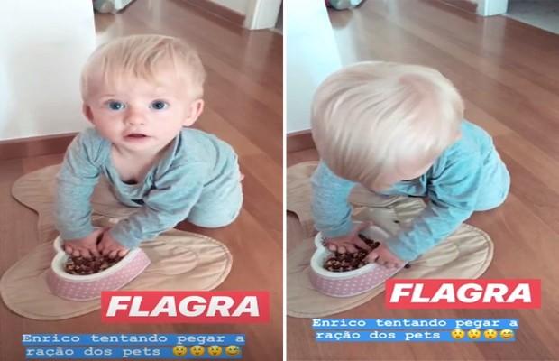 Karina Bacchi pega filho no ‘flagra’ mexendo na ração do cachorro
