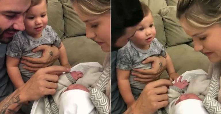 Gusttavo Lima mostra momento fofo do filho, Gabriel, conhecendo o irmão mais novo