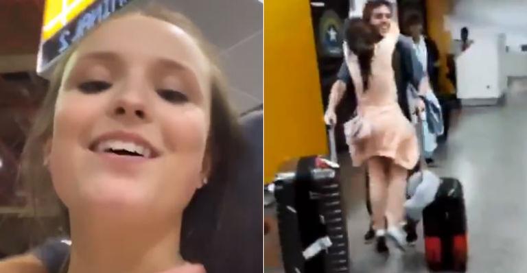 Larissa Manoela corre ao encontro do namorado e se emociona ao revê-lo no aeroporto