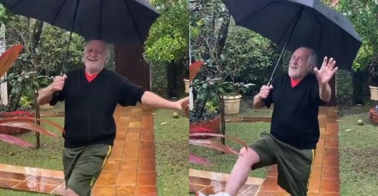 Ary Fontoura surge dançando na chuva e manda recado para Claudia Raia: ”Me divertindo”