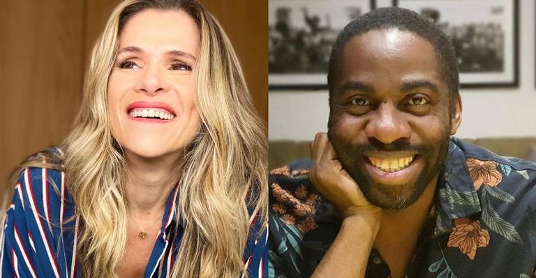 Ingrid Guimarães se diverte ao posar ao lado de Lázaro Ramos durante gravação