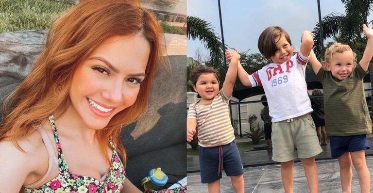 Sarah Poncio mostra os três filhos usando looks iguais e se derrete