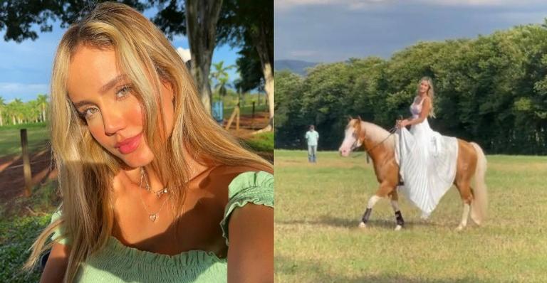 Biah Rodrigues surge andando a cavalo de vestido longo e surpreende a web