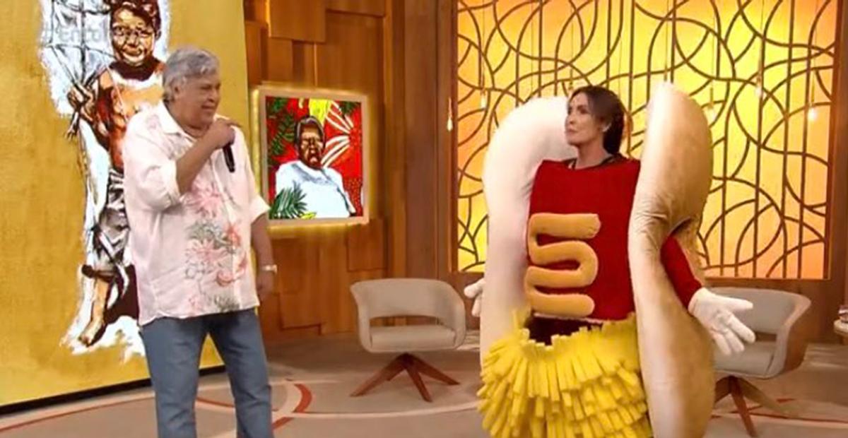 Fátima Bernardes se veste de ‘hot dog’ e surpreende no ‘Encontro’: ”Socorro”
