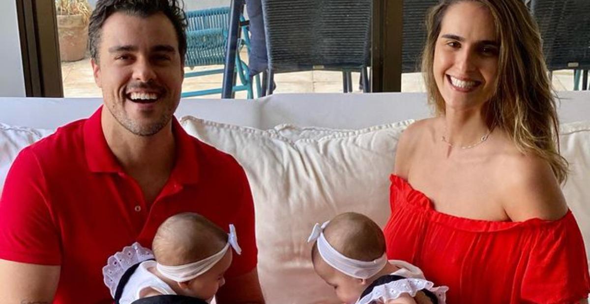 Ao lado de Joaquim Lopes, Marcella Fogaça exibe bastidores de ensaio com as filhas gêmeas