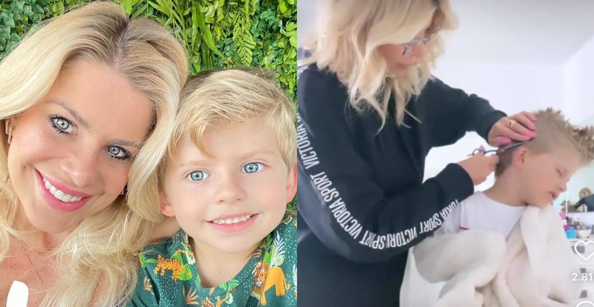 Karina Bacchi corta o cabelo de Enrico e dispara: ”Amo exercer a função de mãe multitarefas”