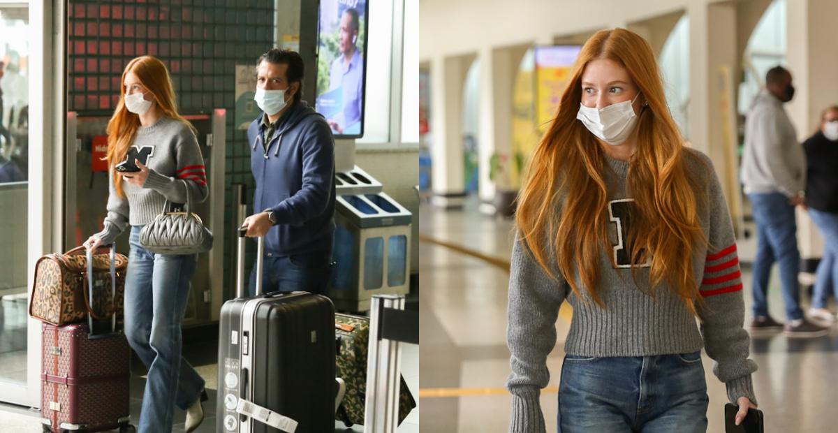 Acompanhada do namorado, Marina Ruy Barbosa transborda simpatia com os fãs em aeroporto de São Paulo