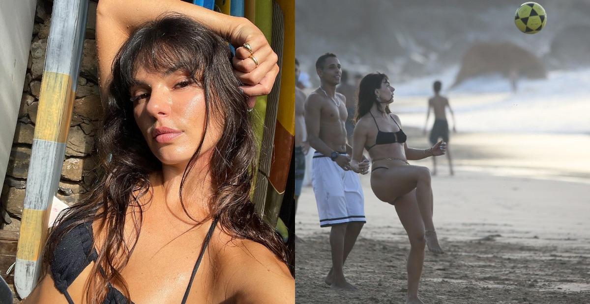 Em Noronha com a família, Isis Valverde mostra corpaço ao surgir jogando altinha na praia