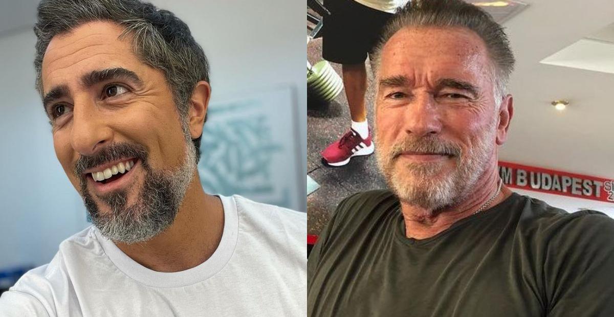 Marcos Mion aparece com Arnold Schwarzenegger em registro inédito: ”Ídolo master”